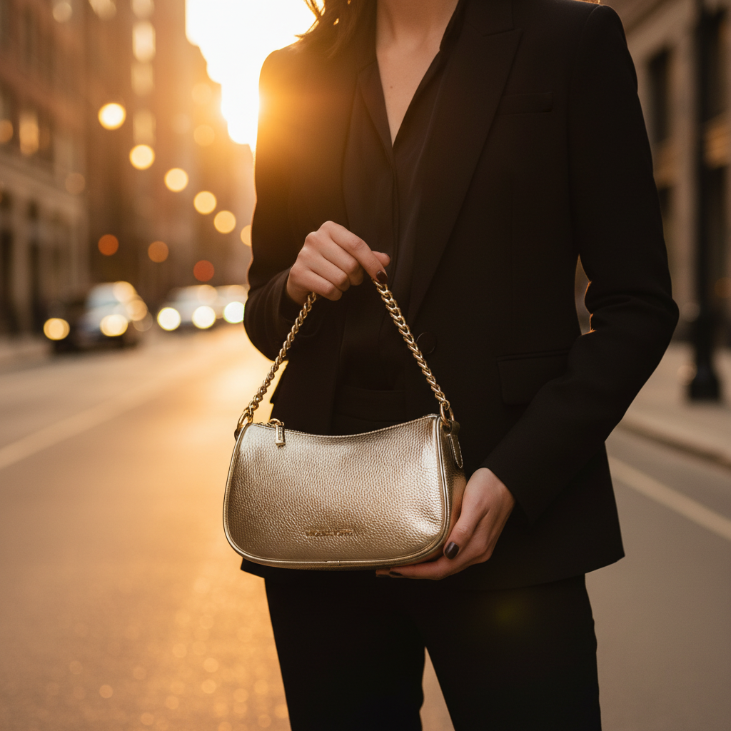 Michael Kors guldfärgad läderhandväska